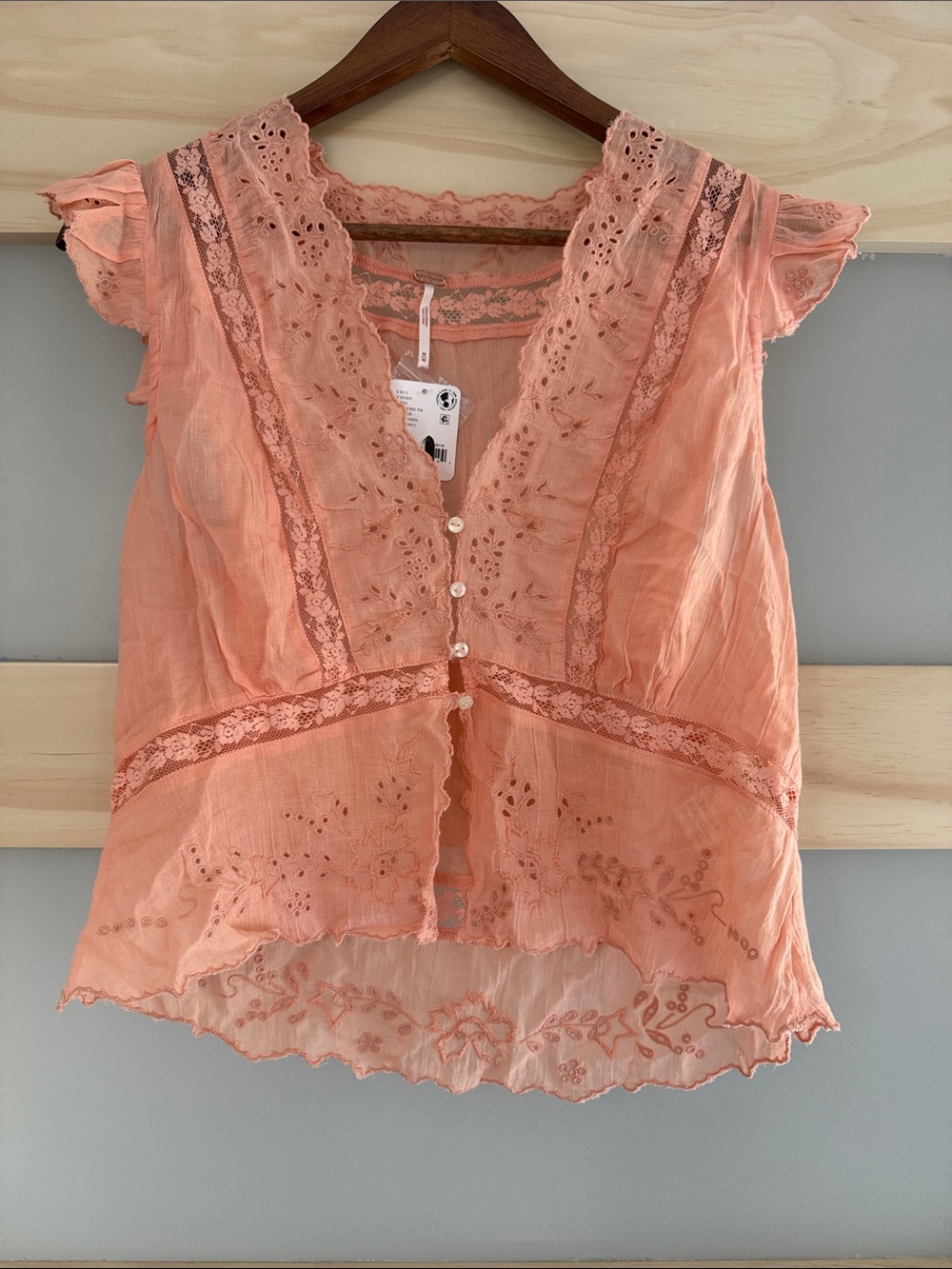 Free People Peach Lace Flutter Sleeve Blouse Medium